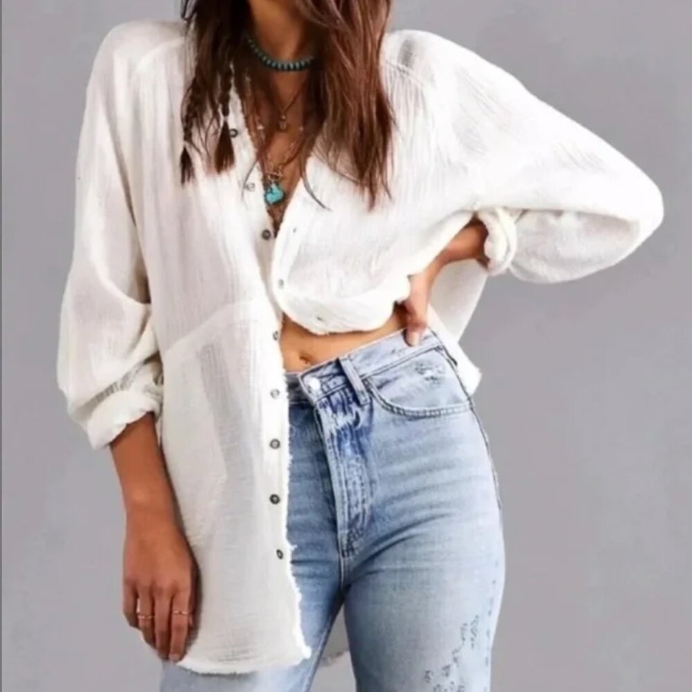 Free People Summer Daydream Oversize Cotton Gauze Button Up Shirt, Ivory XS NWOT